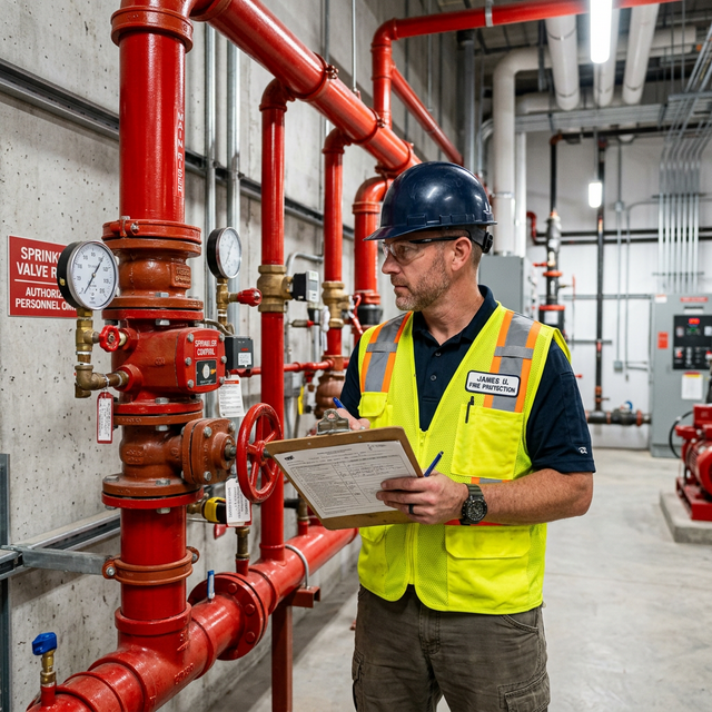 Fire protection technician inspecting sprinkler system